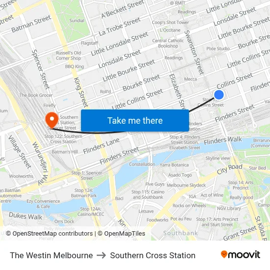 The Westin Melbourne to Southern Cross Station map