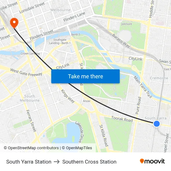 South Yarra Station to Southern Cross Station map
