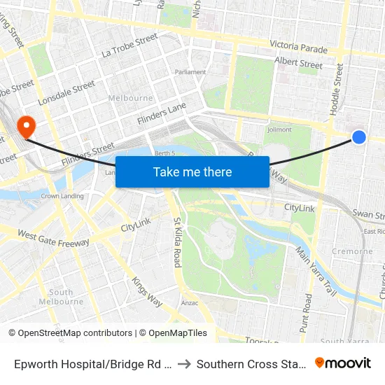 Epworth Hospital/Bridge Rd #15 to Southern Cross Station map