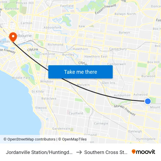 Jordanville Station/Huntingdale Rd to Southern Cross Station map
