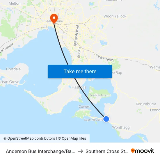 Anderson Bus Interchange/Bass Hwy to Southern Cross Station map