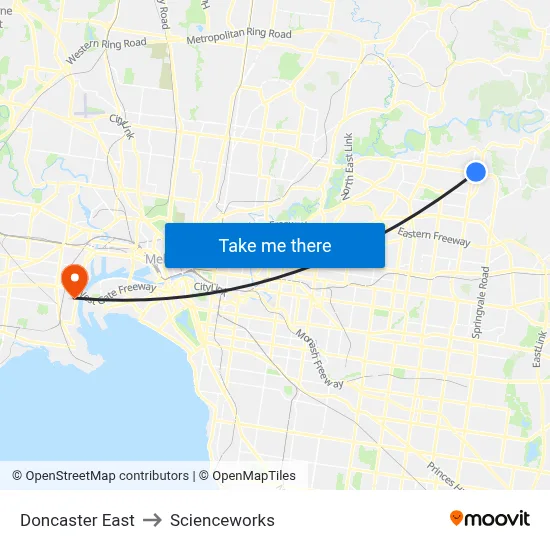 Doncaster East to Scienceworks map