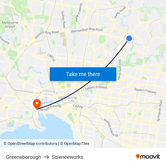 Greensborough to Scienceworks map