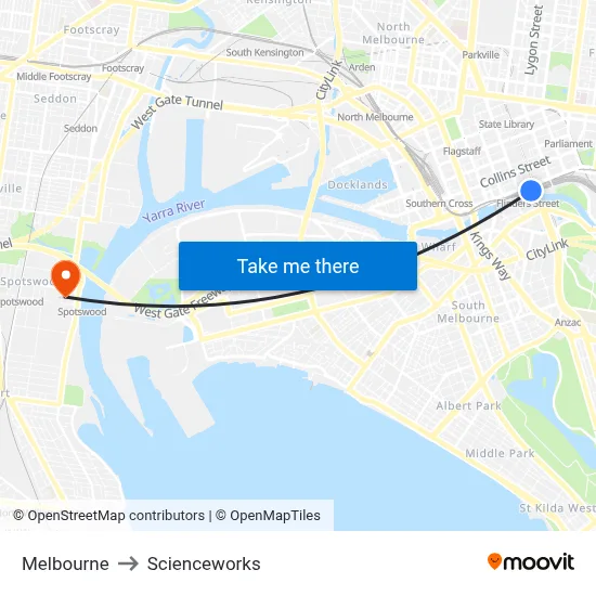 Melbourne to Scienceworks map