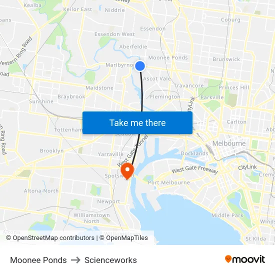 Moonee Ponds to Scienceworks map