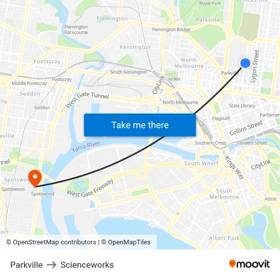 Parkville to Scienceworks map