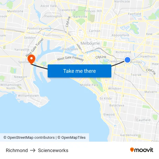 Richmond to Scienceworks map