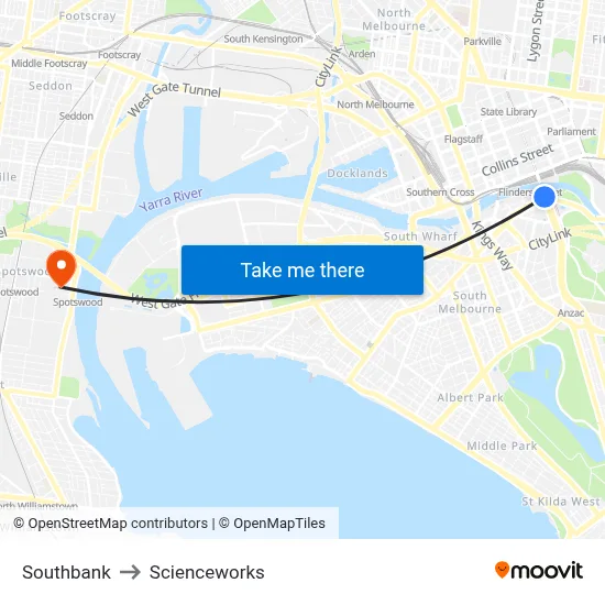Southbank to Scienceworks map