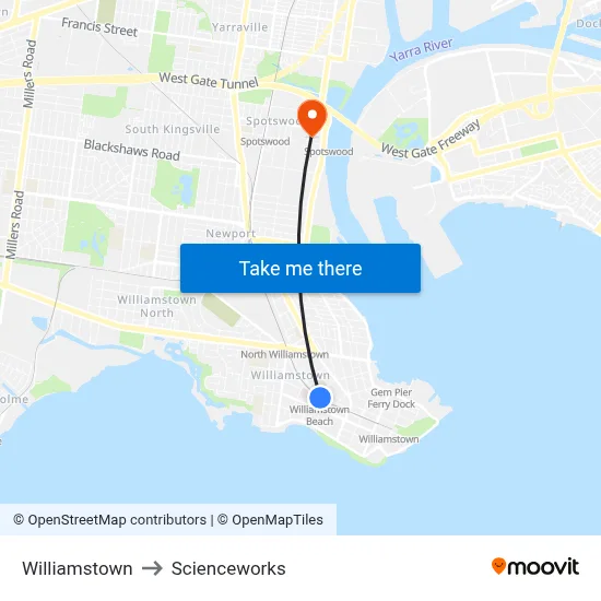Williamstown to Scienceworks map