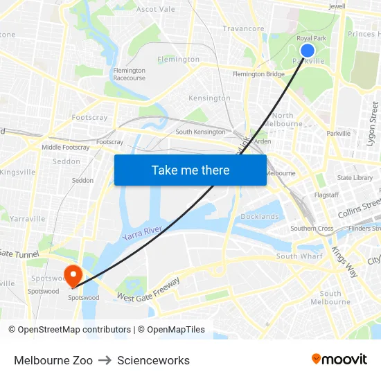 Melbourne Zoo to Scienceworks map