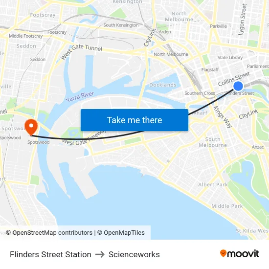 Flinders Street Station to Scienceworks map