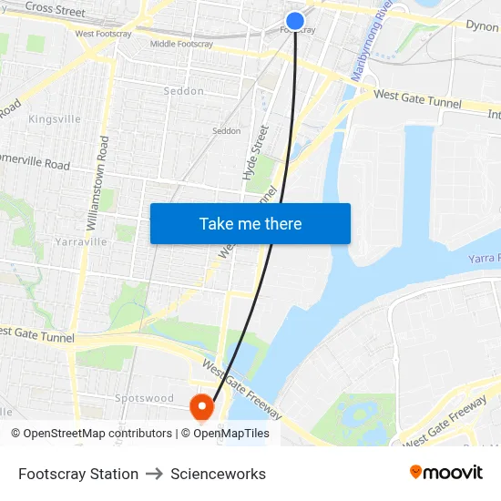 Footscray Station to Scienceworks map