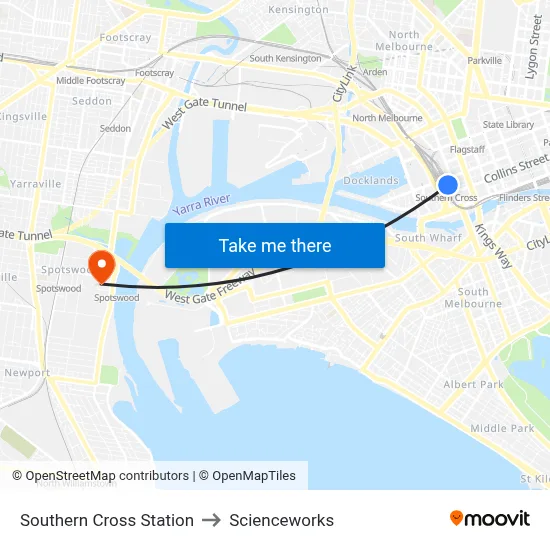 Southern Cross Station to Scienceworks map