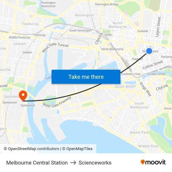 Melbourne Central Station to Scienceworks map