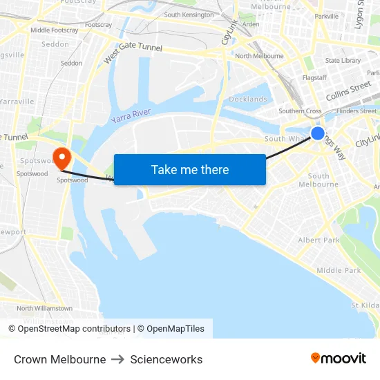 Crown Melbourne to Scienceworks map
