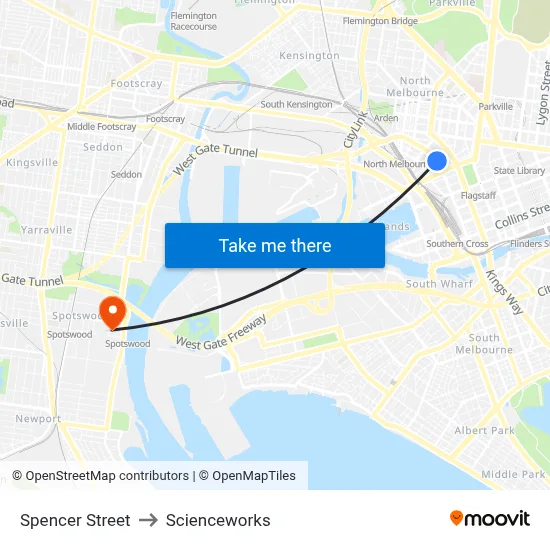 Spencer Street to Scienceworks map