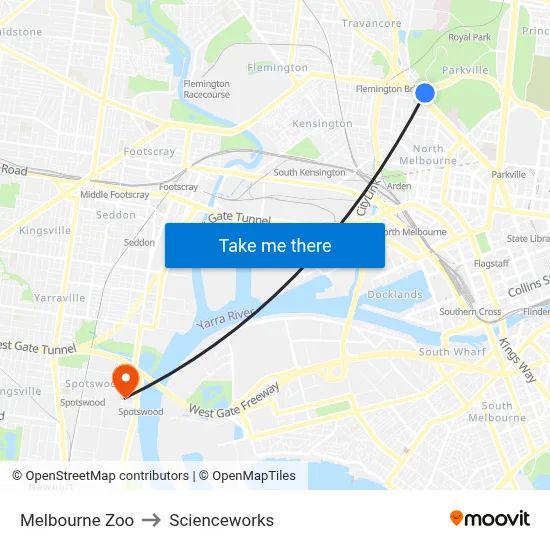 Melbourne Zoo to Scienceworks map