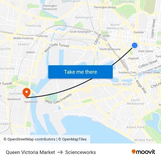 Queen Victoria Market to Scienceworks map