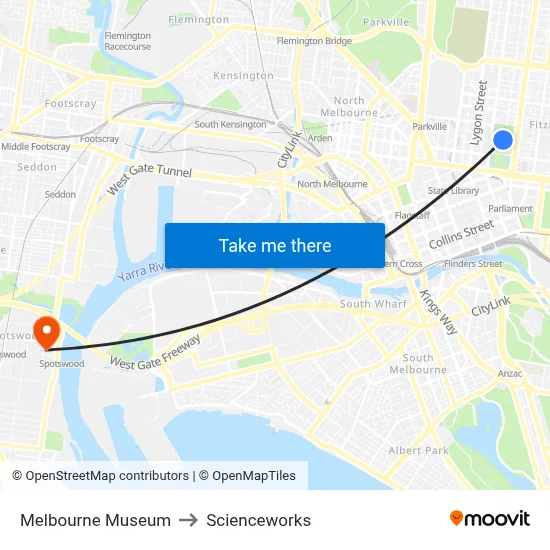 Melbourne Museum to Scienceworks map