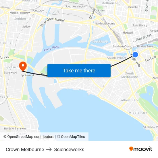 Crown Melbourne to Scienceworks map
