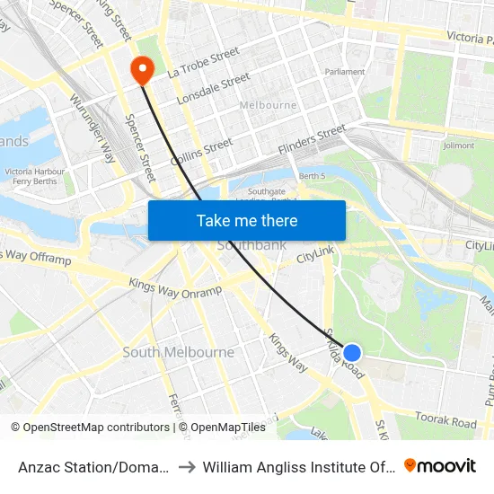 Anzac Station/Domain Rd to William Angliss Institute Of TAFE map