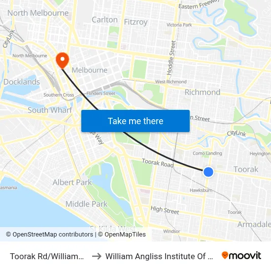 Toorak Rd/Williams Rd to William Angliss Institute Of TAFE map