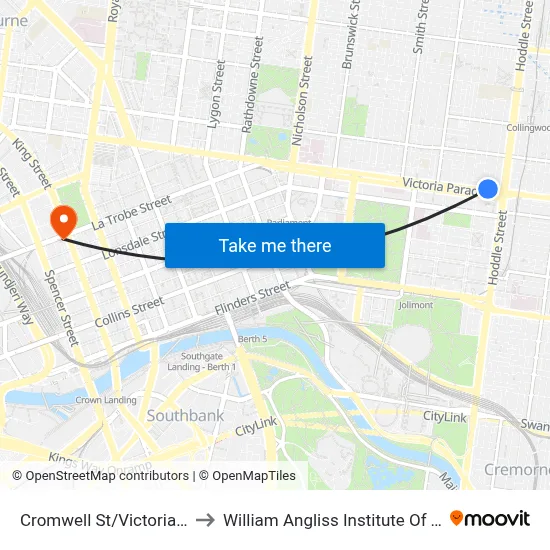 Cromwell St/Victoria Pde to William Angliss Institute Of TAFE map
