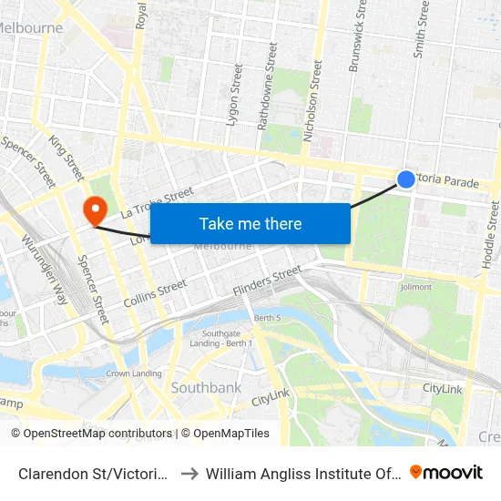 Clarendon St/Victoria Pde to William Angliss Institute Of TAFE map