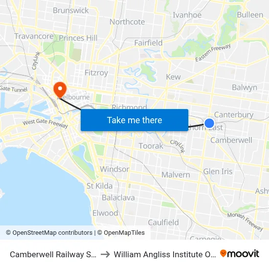 Camberwell Railway Station to William Angliss Institute Of TAFE map