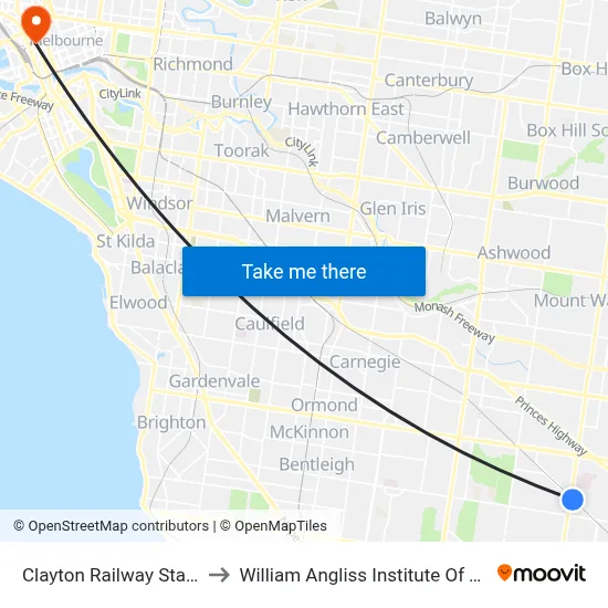 Clayton Railway Station to William Angliss Institute Of TAFE map