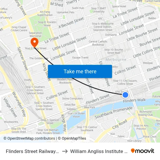 Flinders Street Railway Station to William Angliss Institute Of TAFE map
