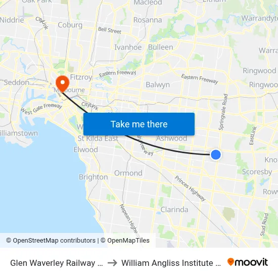 Glen Waverley Railway Station to William Angliss Institute Of TAFE map