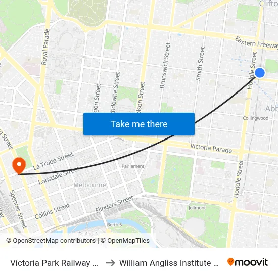 Victoria Park Railway Station to William Angliss Institute Of TAFE map