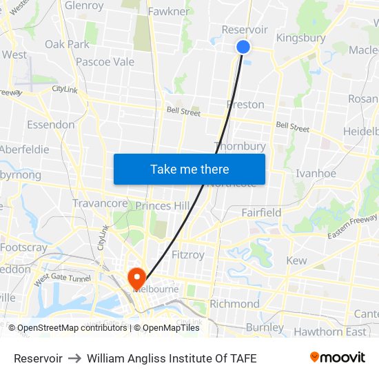 Reservoir to William Angliss Institute Of TAFE map