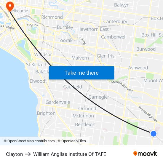 Clayton to William Angliss Institute Of TAFE map