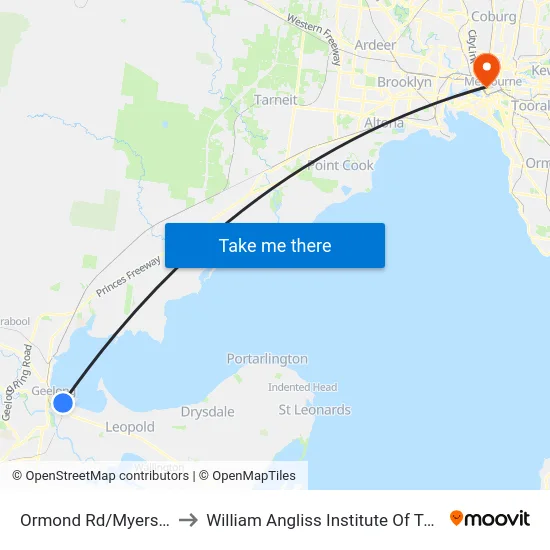 Ormond Rd/Myers St to William Angliss Institute Of TAFE map