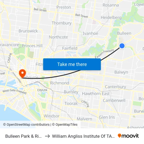 Bulleen Park & Ride to William Angliss Institute Of TAFE map
