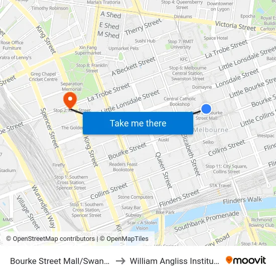 Bourke Street Mall/Swanston St #10 to William Angliss Institute Of TAFE map