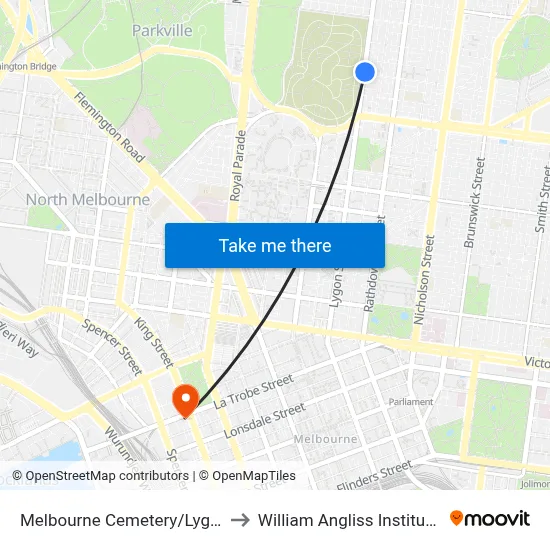 Melbourne Cemetery/Lygon St #115 to William Angliss Institute Of TAFE map