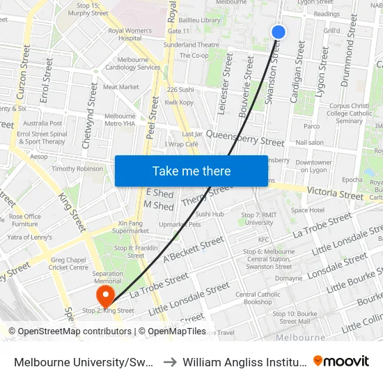 Melbourne University/Swanston St #1 to William Angliss Institute Of TAFE map