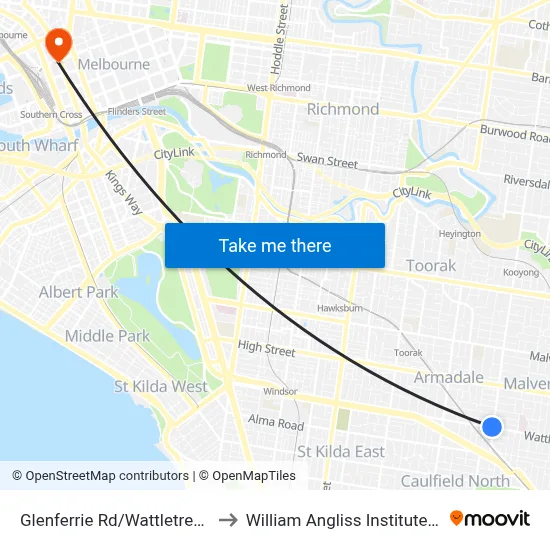 Glenferrie Rd/Wattletree Rd #45 to William Angliss Institute Of TAFE map