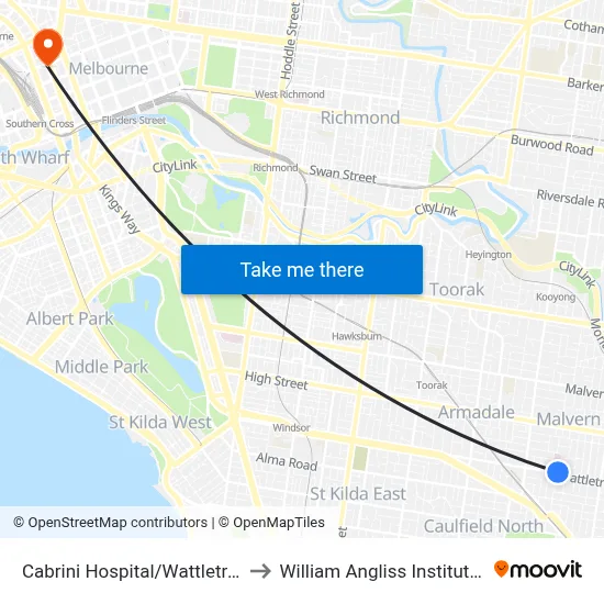 Cabrini Hospital/Wattletree Rd #47 to William Angliss Institute Of TAFE map