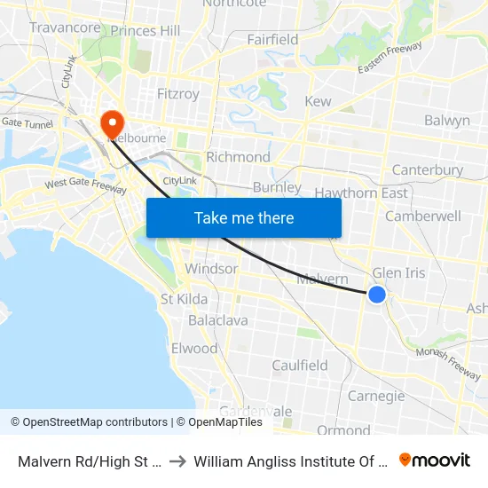 Malvern Rd/High St #53 to William Angliss Institute Of TAFE map