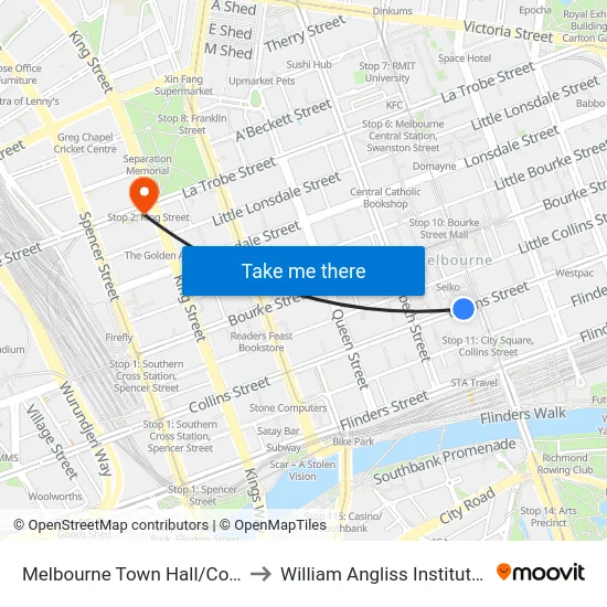 Melbourne Town Hall/Collins St #6 to William Angliss Institute Of TAFE map