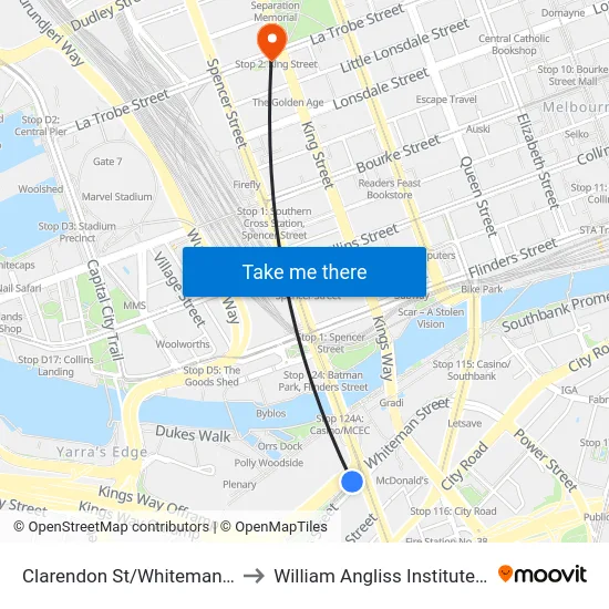 Clarendon St/Whiteman St #125 to William Angliss Institute Of TAFE map