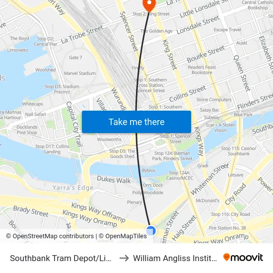 Southbank Tram Depot/Light Rail #125a to William Angliss Institute Of TAFE map