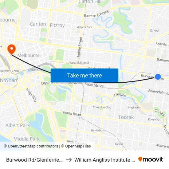 Burwood Rd/Glenferrie Rd #73 to William Angliss Institute Of TAFE map