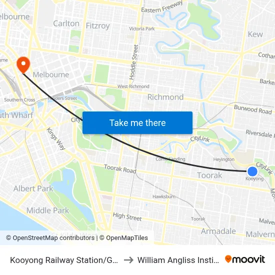 Kooyong Railway Station/Glenferrie Rd #65 to William Angliss Institute Of TAFE map