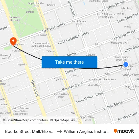 Bourke Street Mall/Elizabeth St #3 to William Angliss Institute Of TAFE map