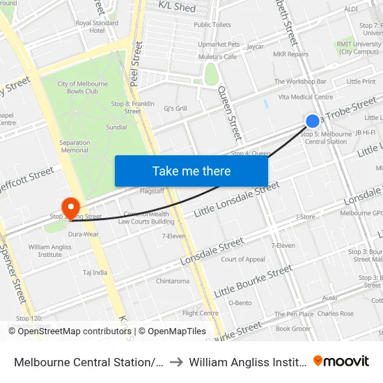 Melbourne Central Station/La Trobe St  #5 to William Angliss Institute Of TAFE map